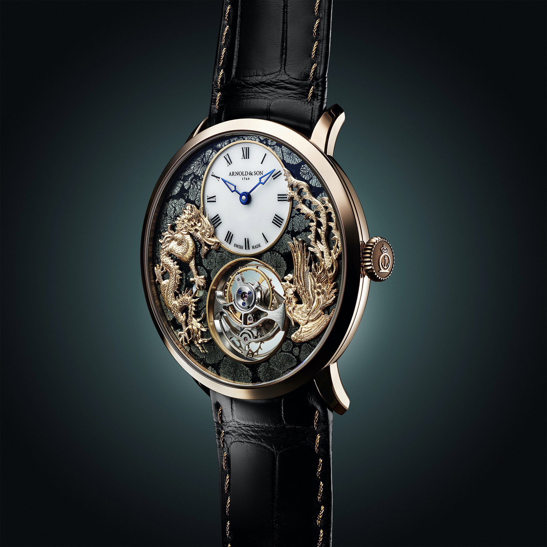 Arnold & Son Ultrathin Tourbillon Red Gold Dragon & Phoenix Marcassite