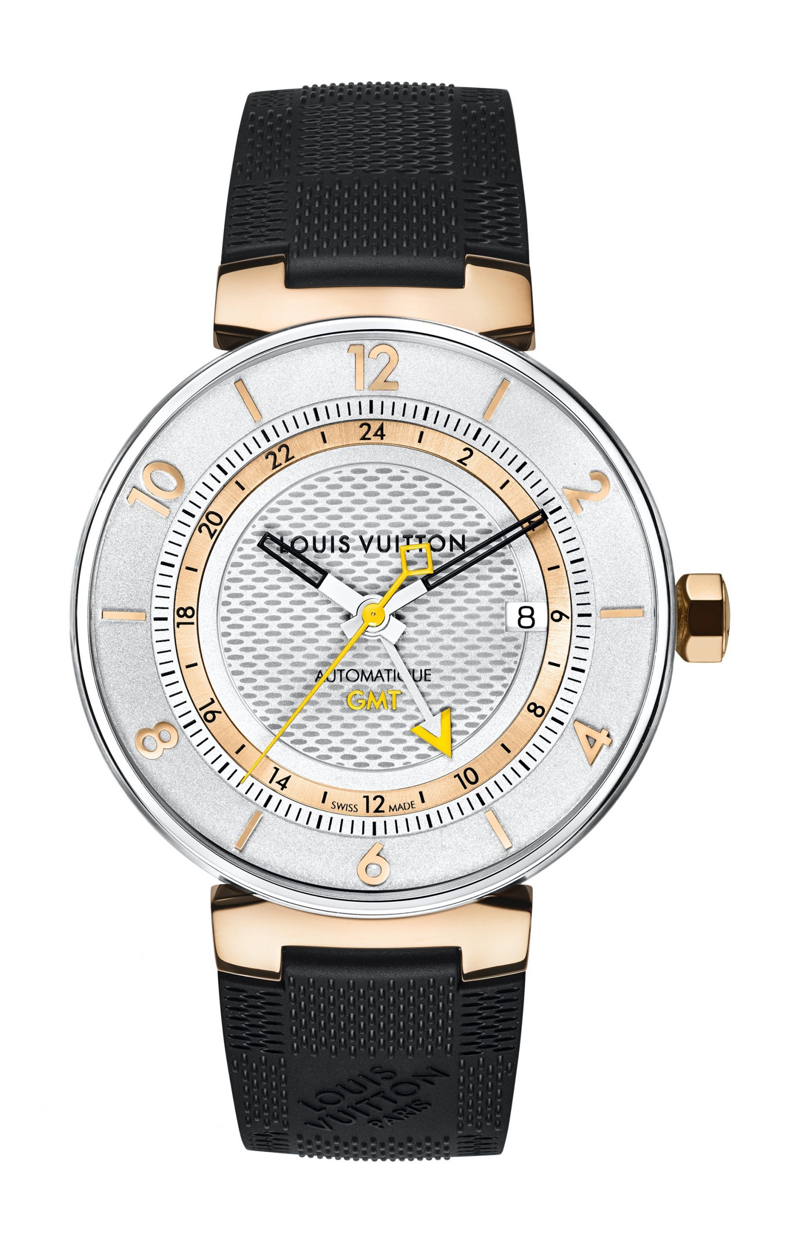 Louis Vuitton Tambour Moon GMT Silver, Acier et Or Rose