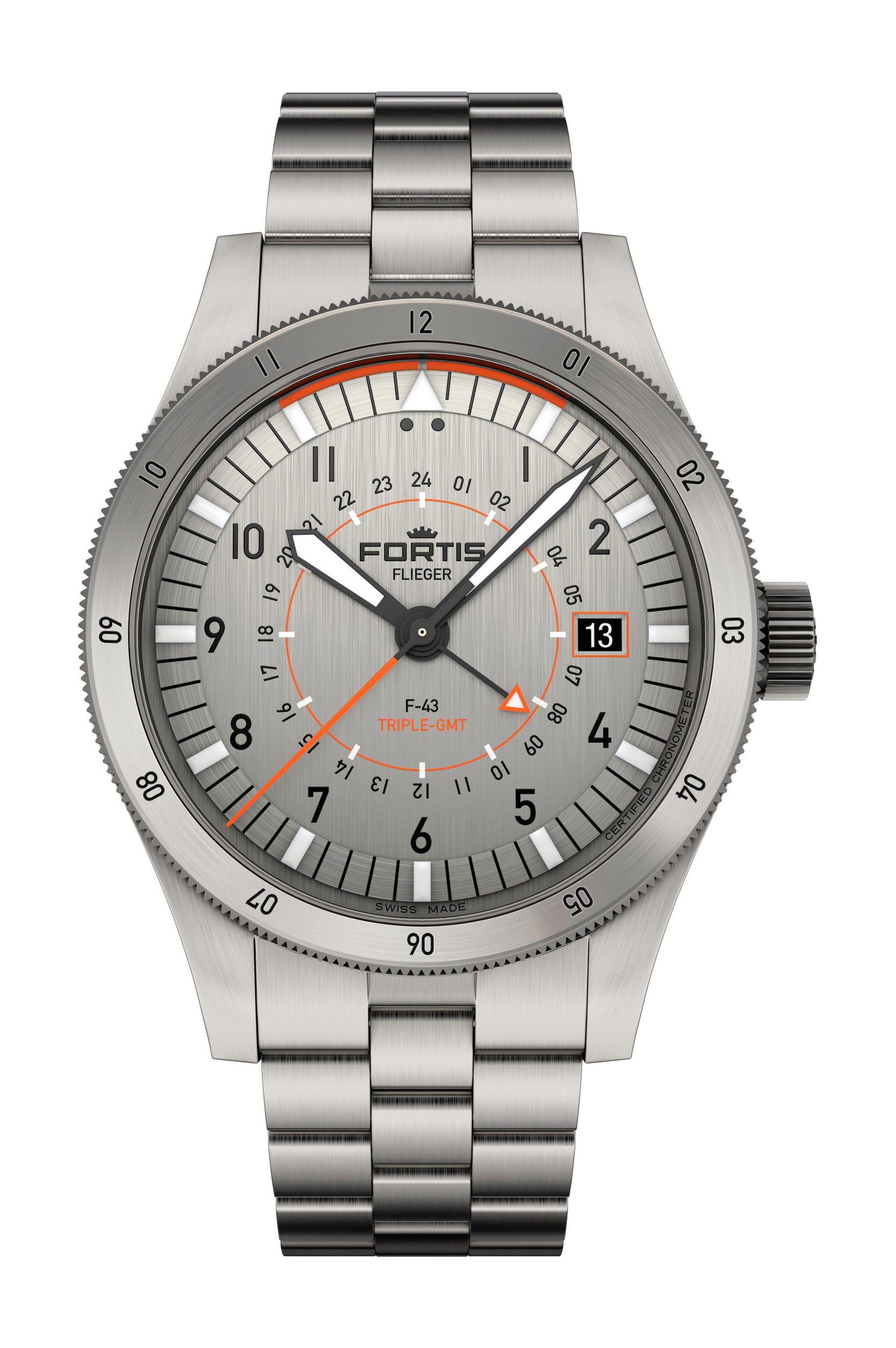 Fortis Flieger F-43 Triple GMT Titanium Orange